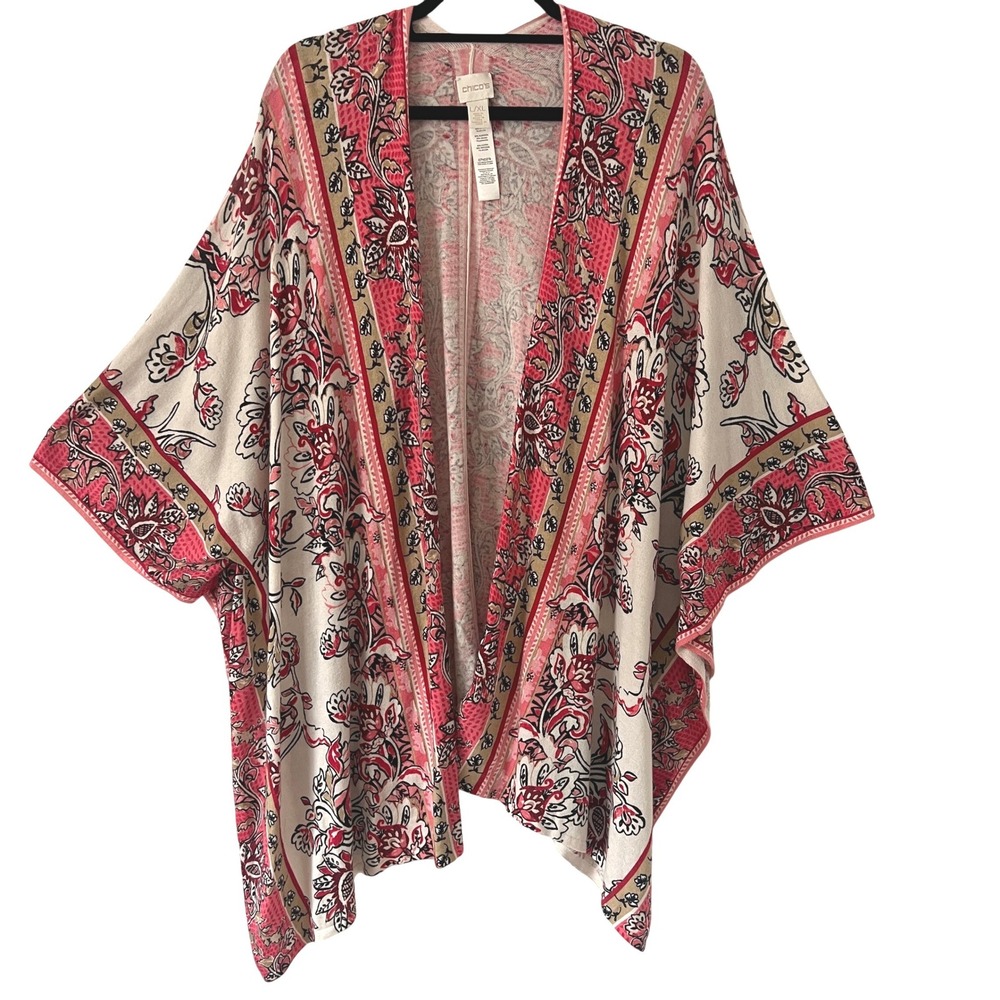 Chico's L/XL Kimono Sweater Pink Floral Boho Open Front Womens Paisley Layering